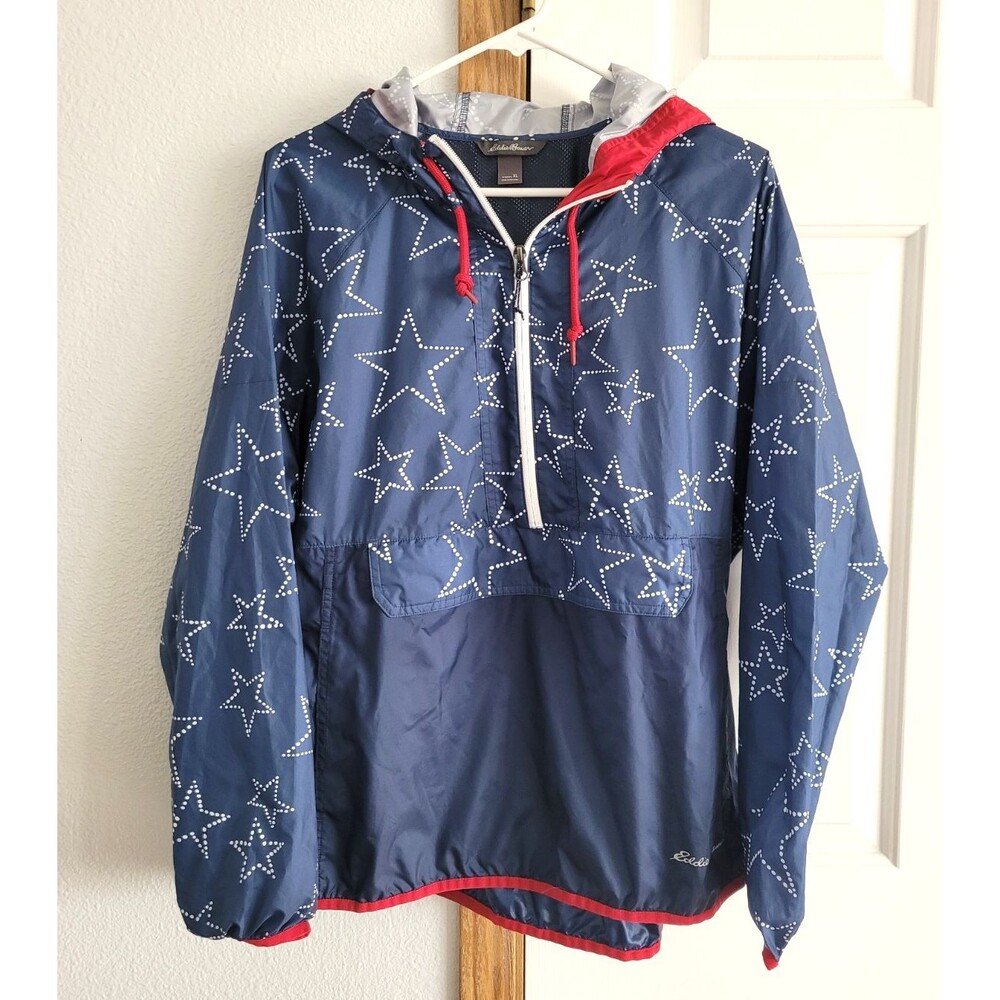 Eddie Bauer Momentum Packable Anorak Jacket XL Blue White Star Windbreaker UPF